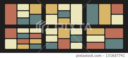 Colorful grid bento layout background. Mixed rectangular frames, blocks, containers in earthy template tones. Vector geometric photo design. Gallery structure for digital presentations. 131687741