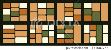 Organic rectangular grid background design. Variable frame dimensions, blocks, segments in earthy bento layout template. Vector geometric pattern for photo gallery structures. 131687743
