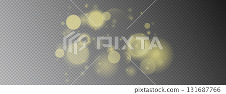 Golden bokeh light effect on transparent background. Scattered luminous circles, starbursts, and glitter specks with soft yellow glow. Vector pattern overlay for festive templates, luxury graphics. Golden bokeh light effect on transparent background. Scattered luminous circles, starbursts, and glitter specks with soft yellow glow. Vector pattern overlay for festive templates, luxury graphics. 131687766