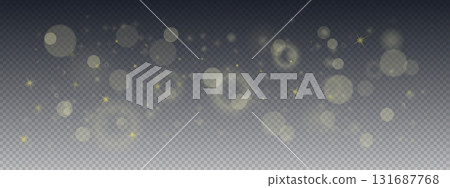 Soft gold light bokeh background with dispersed glitter flecks. Transparent texture displays faded circles, starbursts, and dust particles with warm glow. Vector overlay for luxury graphics. Soft gold light bokeh background with dispersed glitter flecks. Transparent texture displays faded circles, starbursts, and dust particles with warm glow. Vector overlay for luxury graphics. 131687768