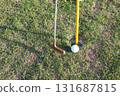 Golf ball and putter on the grass 131687815