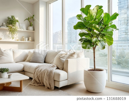 Modern living room interior with fiddle leaf fig tree 131688019