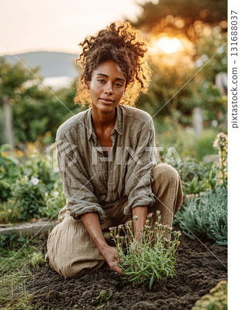 Woman planting seedlings in garden during sunset 131688037