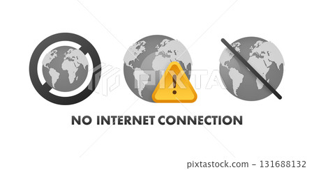 Globe and warning icons indicating internet connection problems 131688132
