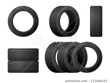 Car tires of isometric style. Realistic tires with different position. Transport wheels for vehicle isolated on white background. Vector illustration. 131688181