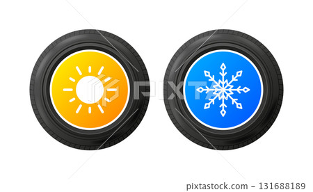 Car wheels with winter and summer tires. Tires for different seasons. Winter tires with snowflake and summer witn sun. Vector illustration. 131688189