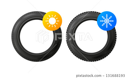 Car wheels with winter and summer tires. Tires for different seasons. Winter tires with snowflake and summer witn sun. Vector illustration. 131688193