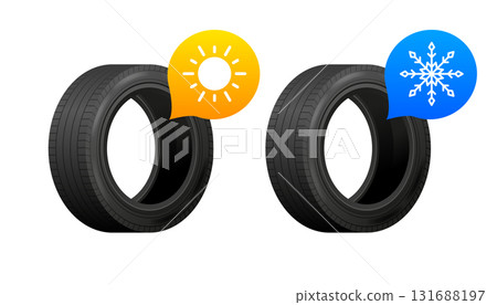 Car wheels with winter and summer tires. Tires for different seasons. Winter tires with snowflake and summer witn sun. Vector illustration. 131688197