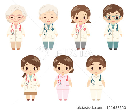 Doctor and nurse character set / Young and elderly men and women standing vector material 131688230