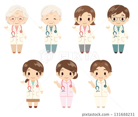 醫生和護士角色集/站立舉起右手引導的年輕和老年男女向量素材 醫生和護士角色集/站立舉起右手引導的年輕和老年男女向量素材 131688231