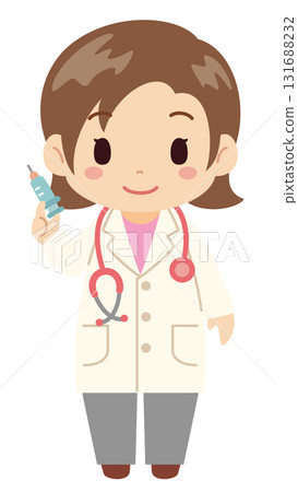 一位年輕女醫生拿著注射器的簡單可愛的向量插圖圖標 131688232