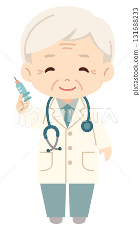 一位年長的資深男醫生拿著注射器的簡單可愛的向量插圖圖標 131688233