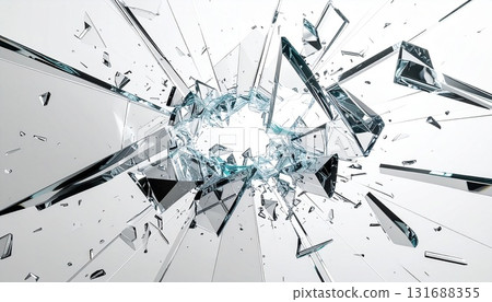 幾塊鋒利的玻璃碎片呈放射狀散落在白色背景上 131688355
