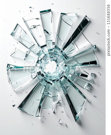 幾塊鋒利的玻璃碎片呈放射狀散落在白色背景上 131688356