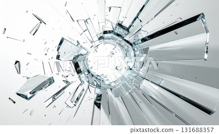 Several sharp pieces of glass scattered radially on a white background Several sharp pieces of glass scattered radially on a white background 131688357