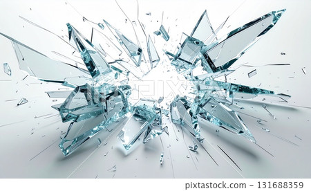 幾塊鋒利的玻璃碎片呈放射狀散落在白色背景上 131688359