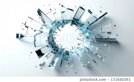 Several sharp pieces of glass scattered radially on a white background 131688361