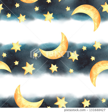 Seamless pattern of watercolor stars amd moon. For fabric, wallpaper, packing paper, greeting cards, design, decoration and illustration. 131688427