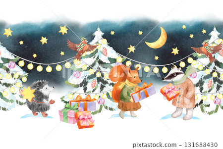 Seamless border of forest animals, christmas tree and gifts. Watercolor illustration. For fabric, wallpaper, packing paper, greeting cards, design, decoration and illustration. Seamless border of forest animals, christmas tree and gifts. Watercolor illustration. For fabric, wallpaper, packing paper, greeting cards, design, decoration and illustration. 131688430