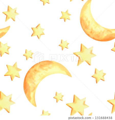 Seamless pattern of watercolor stars amd moon. For fabric, wallpaper, packing paper, greeting cards, design, decoration and illustration. 131688438