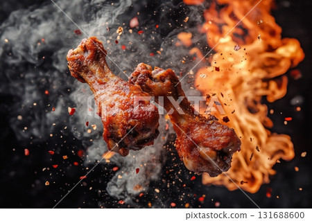 Hot chicken legs with flames and dynamic energy. Hot chicken legs with flames and dynamic energy. 131688600