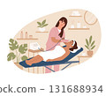 Skin care concept. Cosmetologist making ultrasonic cleaning and rejuvenation the face to beautiful woman on the spa center. Vector illustration in flat style. 131688934