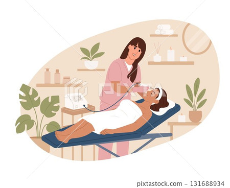 Skin care concept. Cosmetologist making ultrasonic cleaning and rejuvenation the face to beautiful woman on the spa center. Vector illustration in flat style. Skin care concept. Cosmetologist making ultrasonic cleaning and rejuvenation the face to beautiful woman on the spa center. Vector illustration in flat style. 131688934
