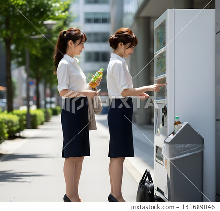 An office lady buying a drink from a vending machine on a hot summer day 131689046