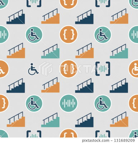 Seamless pattern with icons symbolizing accessibility, disability support, ramps, and inclusivity in modern vector style. Concept for awareness and equality themes. Vector illustration Seamless pattern with icons symbolizing accessibility, disability support, ramps, and inclusivity in modern vector style. Concept for awareness and equality themes. Vector illustration 131689209