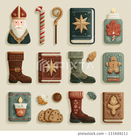 Flat vector icon set featuring Saint Nicholas, boots, candy cane, cookies, and festive books. Cozy minimalist winter symbols perfect for holiday projects and decor.. Vector illustration 131689211