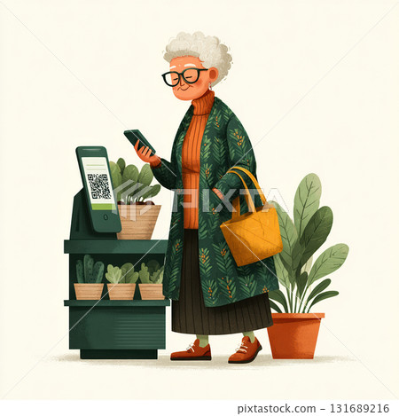 Elderly woman scanning QR code with smartphone near plants in store. Modern technology, digital payment, and senior tech adoption concept. Vector illustration Elderly woman scanning QR code with smartphone near plants in store. Modern technology, digital payment, and senior tech adoption concept. Vector illustration 131689216