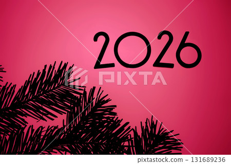 New Year 2026 red background. Number of the coming year in Christmas decoration. New Year 2026 red background. Number of the coming year in Christmas decoration. 131689236