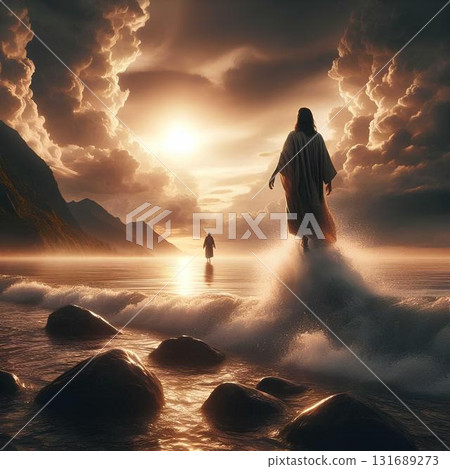 Jesus and the Apostle Peter walking on water Jesus and the Apostle Peter walking on water 131689273