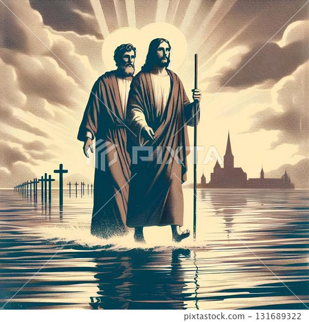 Jesus and the Apostle Peter walking on water Jesus and the Apostle Peter walking on water 131689322
