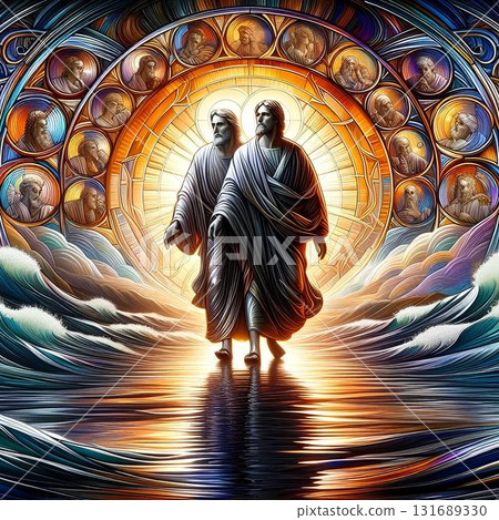 Jesus and the Apostle Peter walking on water Jesus and the Apostle Peter walking on water 131689330