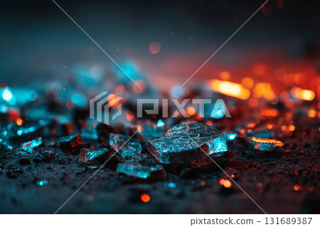 Broken glass fragments scattered on dark ground with dramatic lighting 131689387