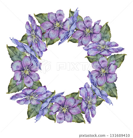 Watercolor wreath of violet clematis flowers and green leaves, painted in botanical style. Illustration for packaging, wedding invitations, cosmetics, fabric design, home decor, and floristry. Watercolor wreath of violet clematis flowers and green leaves, painted in botanical style. Illustration for packaging, wedding invitations, cosmetics, fabric design, home decor, and floristry. 131689410