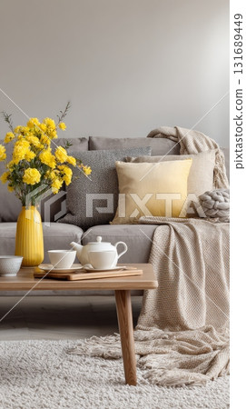 Modern sofa with pillows, beige blanket, and wooden coffee table decorated with tea set, and yellow flowers in vase, generated AI 131689449