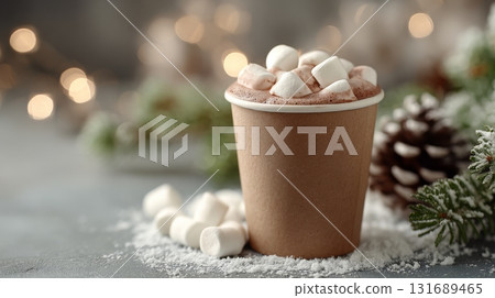 Paper cup brown clear with hot chocolate and fluffy marshmallows, generated AI  131689465
