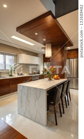 Interior of modern open plan kitchen with dining table and glowing lamps, generated AI 131689482
