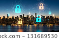 City skyline with digital locks overlayed representing cybersecurity and data protection concept 131689530