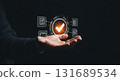 Hand holding digital checkmark with document icons on a dark background showing data validation 131689534