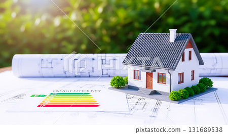 A model house sitting on blueprints with an energy efficiency rating chart and green background trees 131689538
