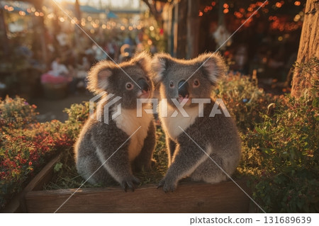 Two playful koalas relax in a rustic wooden box at a market during sunset 131689639