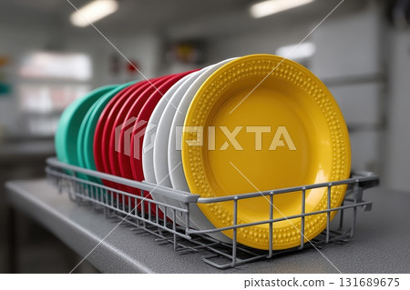Colorful plates drying in a kitchen rack after washing near a countertop 131689675
