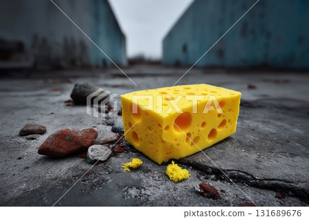 Unique yellow sponge rests on cracked surface among scattered stones in an abandoned location 131689676