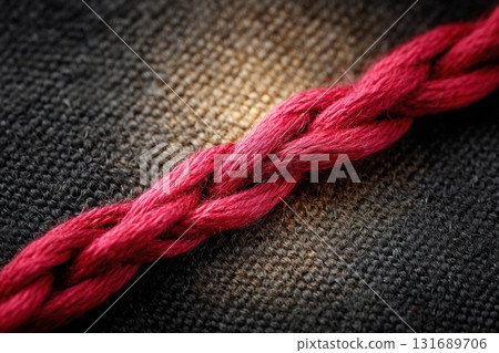 Red braided thread on dark fabric highlights intricate textile artistry and craftsmanship 131689706