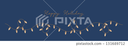 Thin line gold string festive Happy Christmas light garland on blue background for banner, card. Retro minimalist vector holiday lightbulbs. Thin line gold string festive Happy Christmas light garland on blue background for banner, card. Retro minimalist vector holiday lightbulbs. 131689712