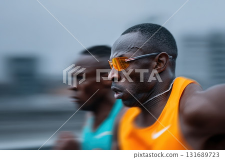 Runners compete in an urban marathon under overcast skies in a dynamic city environment 131689723