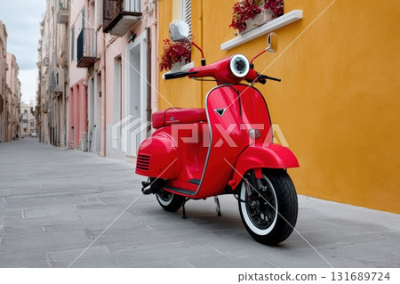 Classic red scooter parked in a vibrant street with colorful buildings Classic red scooter parked in a vibrant street with colorful buildings 131689724